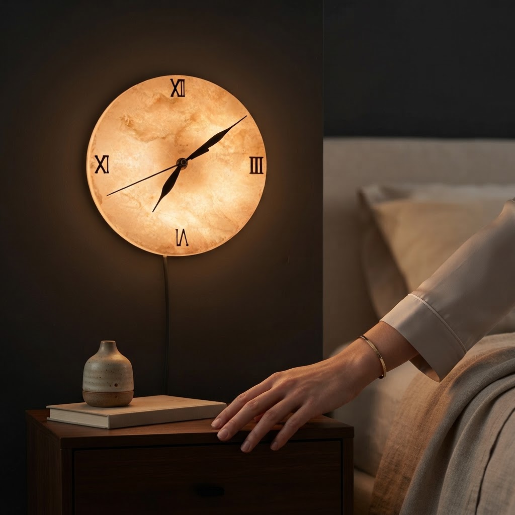 آباژور ساعت دیواری سنگ نمک طبیعی (چراغ خواب)
